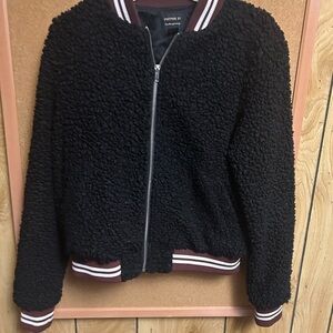 Forever 21 Black Sherpa Bomber with Burgundy & White Trim